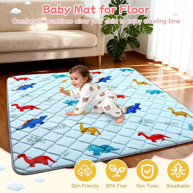 omzer Baby Play Mat for Floor: 59" x 59" Playpen Mat - Thicker & Large Soft Cushioning Padding Foam Playmats for Babies and Toddlers - Machine Washable Non-Slip Baby Crawling Mats, Dinosaur Designs