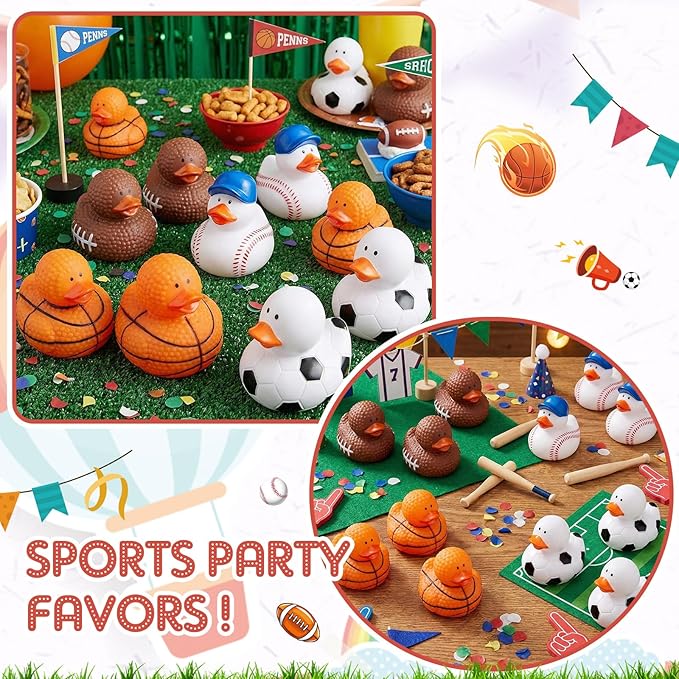 Deekin 24 Pcs Rubber Ducks 2 Inch Bulk Sport Party Favors for Team Events Decorations Birthday Party Supplies Club Player Gift (Basketball,Football,Soccer,Baseball)