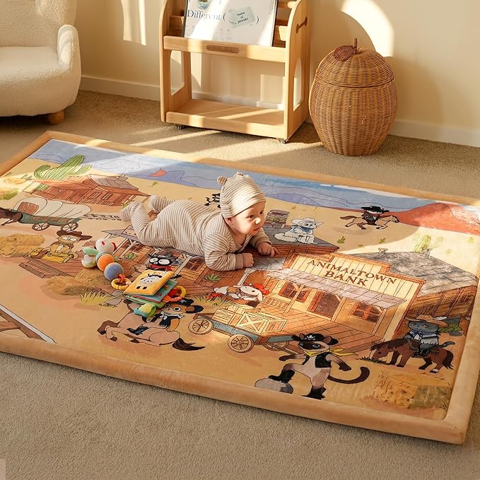 1.5" Thick Educational Extra Large Baby Floor Play Mat 79x158, Flannel Padded Memory Foam Kids Mat, Non-Slip Plush Playmat for Nursery Playroom Classroom (Western Cowboy)