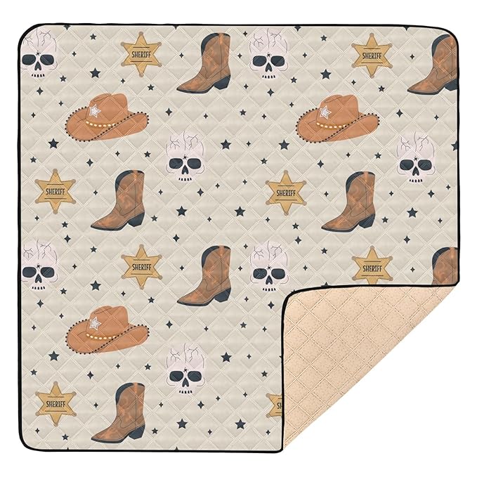 Baby Play Mat Cowboy Western Skull Hat Boots 50 x 50 Playpen Mat Baby Play Mats for Floor Play Gym Crawling Mat Non-Slip Cushioned Baby Playmat for Infants, Babies, Toddlers