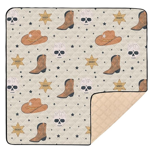 Baby Play Mat Cowboy Western Skull Hat Boots 50 x 50 Playpen Mat Baby Play Mats for Floor Play Gym Crawling Mat Non-Slip Cushioned Baby Playmat for Infants, Babies, Toddlers