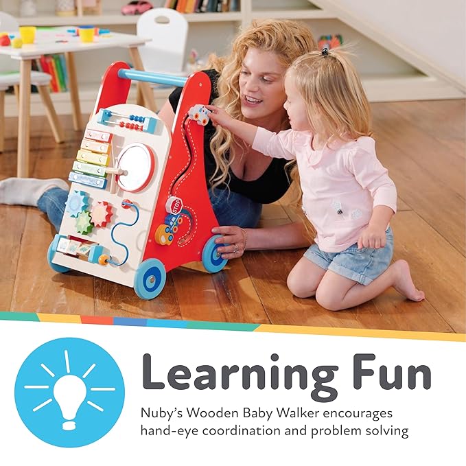 Nuby Wooden Baby Walker with Interactive Features for Early Development, Promotes Walking, Motor Skills, and Creativity