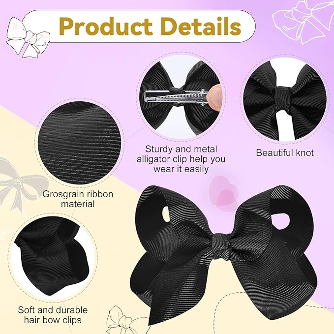 20Pcs 4" Hair Bows,Grosgrain Ribbon Solid Color Hair Bow with Alligator Clips,Hand-made Toddler Black Bows Hair Accessories for Girls Kids Children Little Teen (Black)