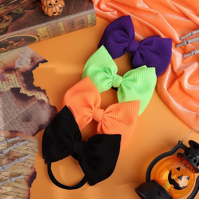 Hairband, 4 Pack Halloween Baby Girl Headbands with Bows for Newborn - Orange, Black, Purple, Green Nylon Hair Accessories, One Size Fits All