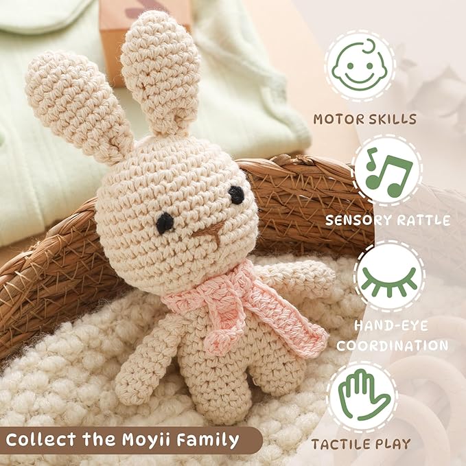 Moyii Handmade Crochet Bunny Baby Rattle - Soft Cotton Amigurumi Sensory Shaker Toy for Newborns & Infants - Easy Grip Lovey Sleep Toy & Neutral Nursery Decor Shower Gift