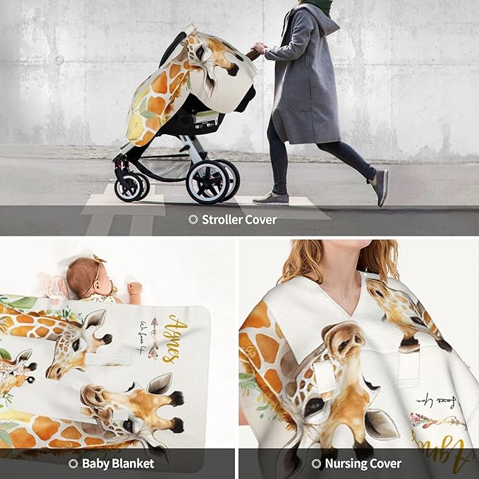 Personalized Winter Carseat Cover for Baby Custom Name Car Seat Canopy for Newborn Baby Boys Girls 2 in 1 Mom Nursing Breastfeeding Covers Giraffe Minky Baby Carrier Stroller Covers