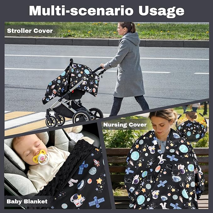 Baby Car Seat Cover, Windproof Carseat Cover for Infant Girls, Infant Warm Carseat Canopy with Double Layer Fabric for Winter, Compatible with Most Baby Car Seat, Space