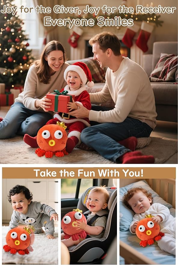 Bouncing Octopus Baby Toy, Musical Crawling Toy for 6-12 Months, Talking Recording Repeat Plush Toy with 120 Songs, Sensory Tummy Time Toy for Toddlers 1-3, Infant Birthday Gift (Red Octopus)