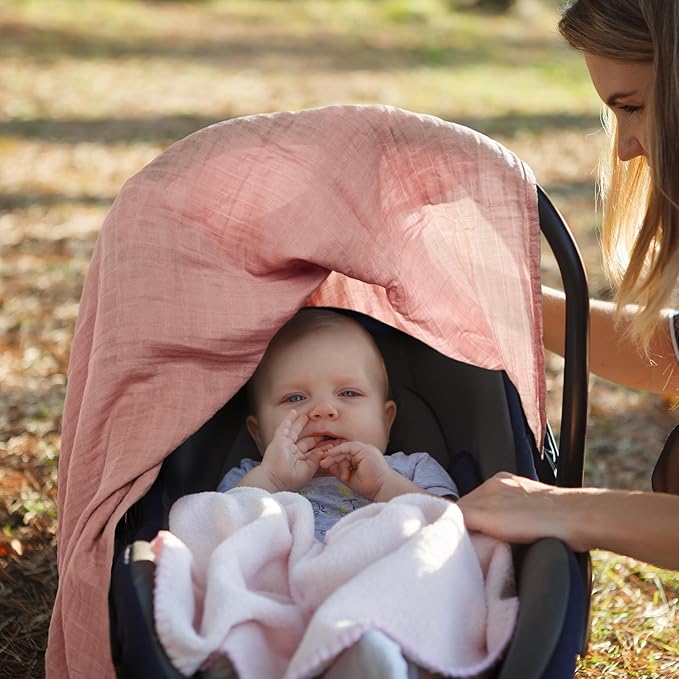 Meracorallo Muslin Baby Car Seat Cover, Lightweight Breathable Soft Infant Carrier Cover Carseat Canopy for Baby Boys and Girls, Pink