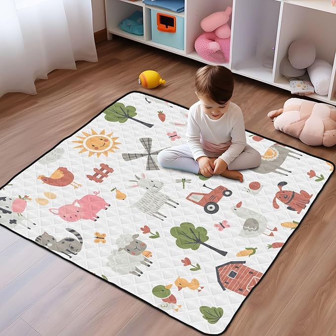 Baby Play Mat Cartoon Farm Animals 50 x 50 Playpen Mats for Floor Play Gym Crawling Mat Non-Slip Cushioned Baby Playmat for Infants, Babies, Toddlers
