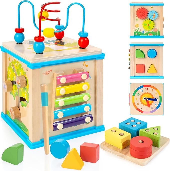 WOODMAM Wooden 7-in-1 Activity Cube, Montessori Toys for 1 Year Old Toddlers, Baby Educational Developmental Toys, One Year Old Boys Girls First Birthday Gifts with Bonus Sorting & Stacking Board