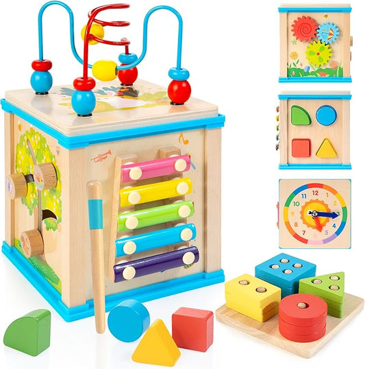 WOODMAM Wooden 7-in-1 Activity Cube, Montessori Toys for 1 Year Old Toddlers, Baby Educational Developmental Toys, One Year Old Boys Girls First Birthday Gifts with Bonus Sorting & Stacking Board