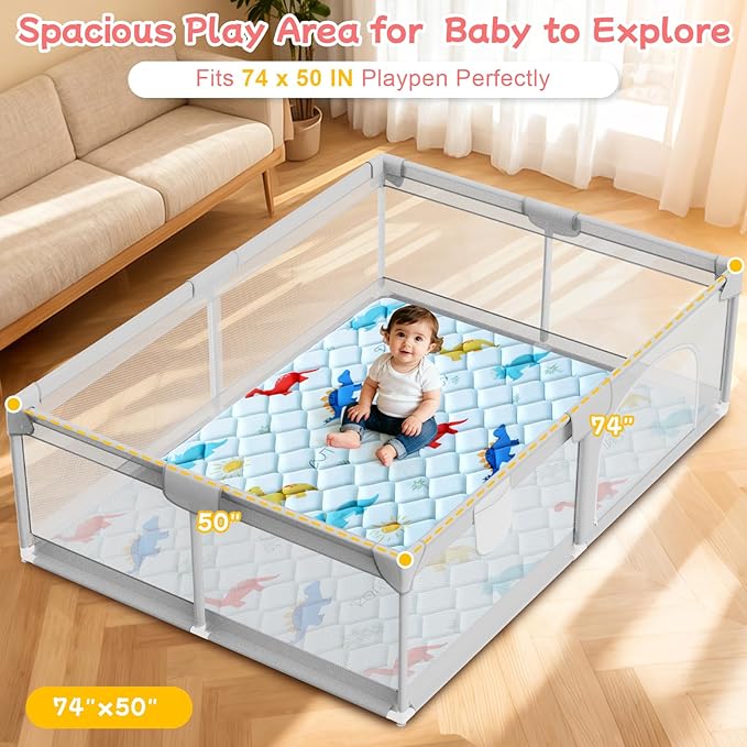 omzer Baby Play Mat for Floor: 74" x 50" Playpen Mat - Thicker & Large Soft Cushioning Padding Foam Playmats for Babies and Toddlers - Machine Washable & Non-Slip Baby Crawling Mat, Dinosaur Design