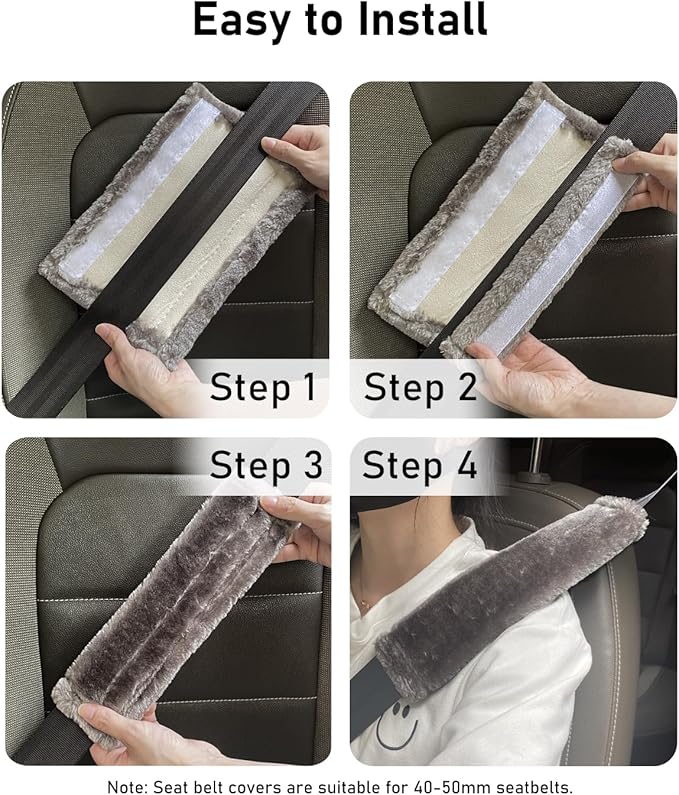 BELINOUS Faux Sheepskin Seat Belt Cover, Soft & Comfortable Seat Belt Shoulder Pad, Thick Car Seat Belt Cushion, Seat Belt Neck Protector for Kids Adults 4 Pack (Dark Gray)