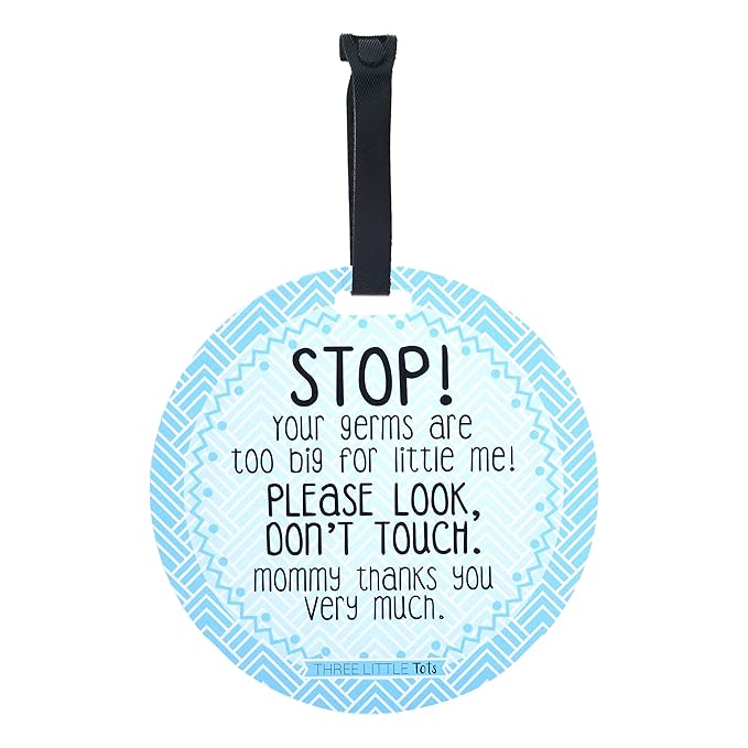 (Three Little Tots) No Touching baby Car Seat and Stroller TWO PACK- Baby Safety No Touching Car Seat Sign, Stroller Sign, Newborn Car Seat Tag- CPSIA Safety Tested (Blue Mommy/Black White)