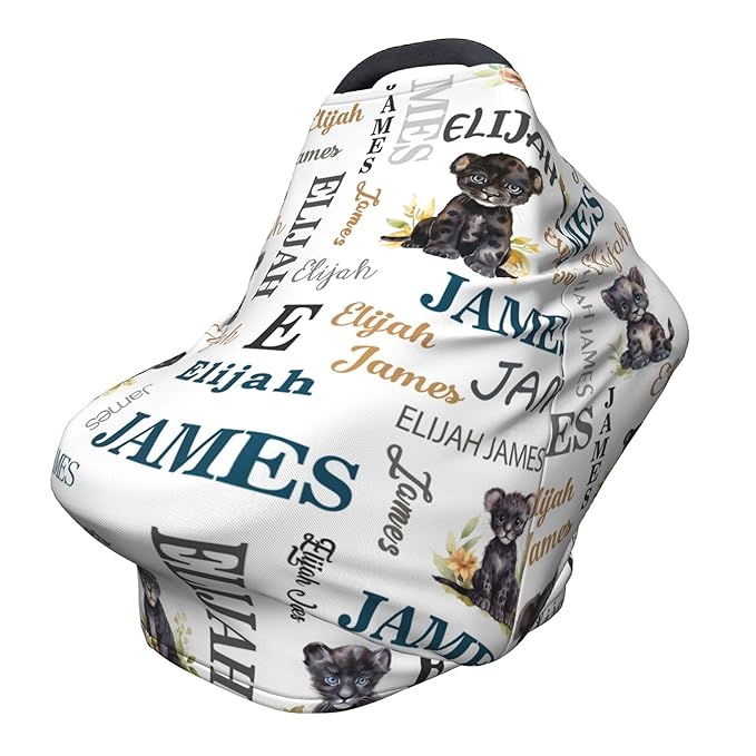Personalized Car Seat Covers for Babies with Name – Multi-use Breastfeeding Cover Custom Panther Carseat Canopy Cover, Infant Stroller Covers for Boys and Girls
