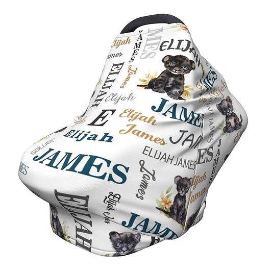 Personalized Car Seat Covers for Babies with Name – Multi-use Breastfeeding Cover Custom Panther Carseat Canopy Cover, Infant Stroller Covers for Boys and Girls