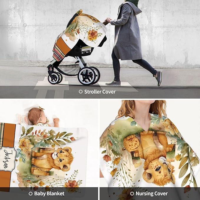Personalized Winter Carseat Cover for Baby Custom Name Car Seat Canopy for Newborn Baby Boys Girls 2 in 1 Mom Nursing Breastfeeding Covers Lion Minky Baby Carrier Stroller Covers