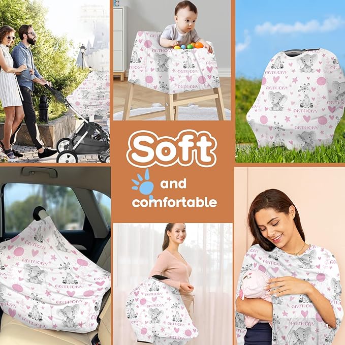 Personalized Baby Car Seat Cover Stroller Canopy: Custom Name Newborn Baby Boy Girl Elastic Animals Nursing Cover for Moms First Birthday Gift Elephant(one Size)