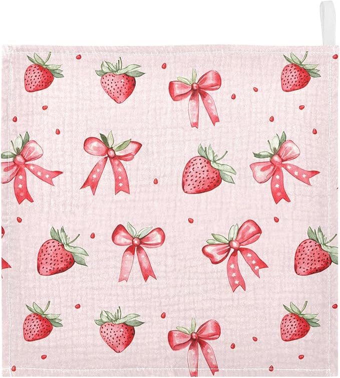 Baby Gauze Towels for Kids Soft Handkerchief Newborn 100% Cotton Strawberry Bows Cute Absorbent 12x12 Inch 3 Pack