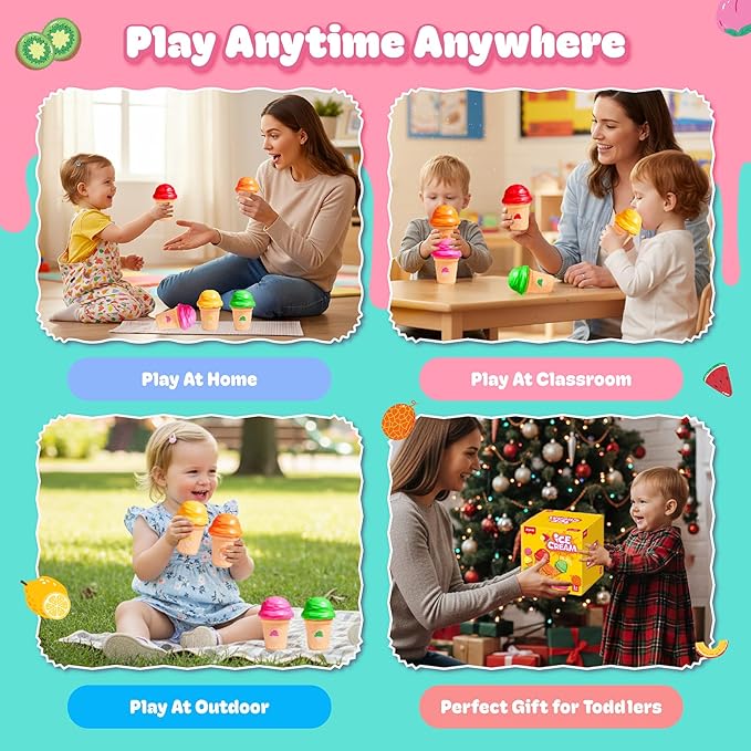 JoyCat Ice Cream Toy Set for Toddlers 1-5, Color Sorting & Stacking Toys, Pretend Play Food for Boy Girls Kids, Educational Fine Motor Skills Gift (5 Cones 5 Scoops)