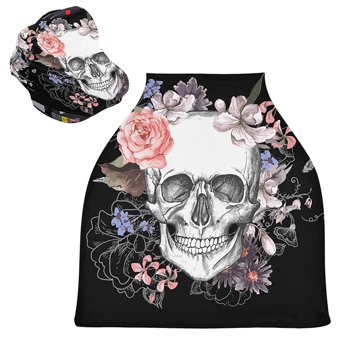 Vintage Day of The Dead Skull in Pink Floral Flower Stretchy Baby Car Seat Cover Infant Canopy Nursing Covers Breastfeeding Cover Breathable Windproof Winter Scarf for Boys Girls