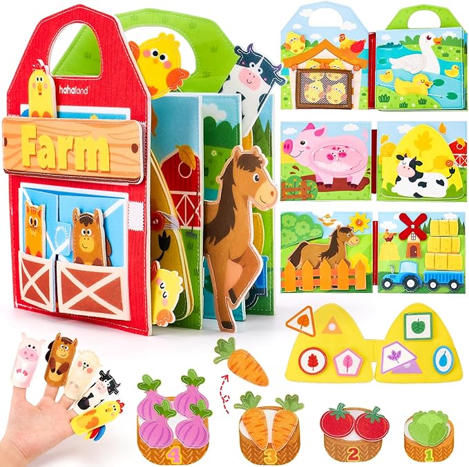 hahaland Busy Book for Toddlers 1-3 - Farm Animals Quiet Busy Board for 1 Year Old, Montessori Toys for 1 Year Old Boy Girl Gifts, Educational First Activity Books Felt Learning Board Baby Travel Toys