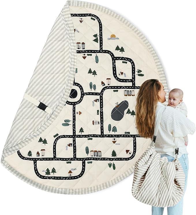 Blooom 2-in-1 Quilted Baby Play Mat & Storage Bag | Portable, Soft, and Convenient | Perfect for Travel & On-The-Go | Portable Play Mat for Baby & Toddler | Oekotex Cotton (City, 47 Inches)