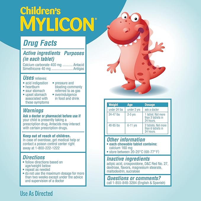 MYLICON Children's Tummy Relief for Kids, 24 Cherry Flavored Chewable Tablets