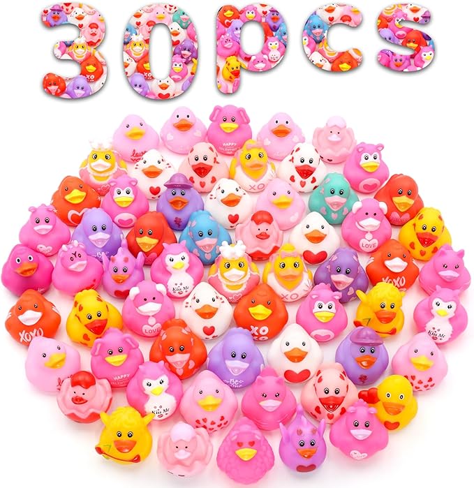 30 Pack Valentines Rubber Ducks-2.3 Inch Bulk Floater Ducks for Ducking Assortment Rubber Duckies for Kids Baby Bath Toys,Birthday Gifts Party Favors Summer Beach Pool Activity Toys