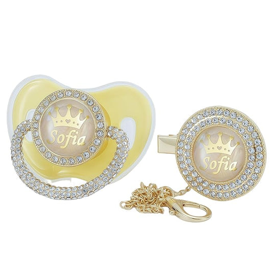 Personalized Name Anniversary All Bling Pacifier and Clip Set Gold Plated New Born Gift Photography No for Daily Use (Yellow)