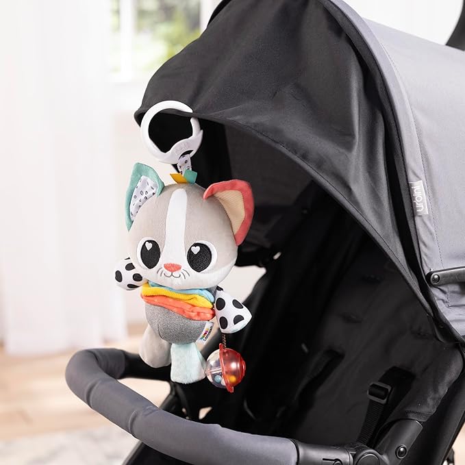 Lamaze Millie Le Chat | Clip On Pram Toy with Multiple Textures, Rattle, Rustling Ears, Satin Ribbons | Sensory Toy for Babies from 0 Months