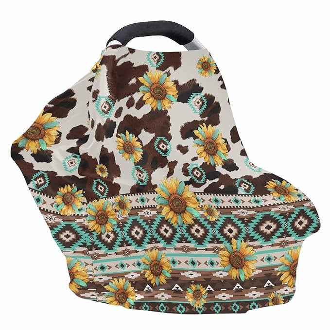Binienty Aztec Geometric Sunflower Cow Print Baby Car Seat Cover, Stretchy Fabric Carseat Canopies, Multi Use High Chair/Shopping Cart/Stroller Cover