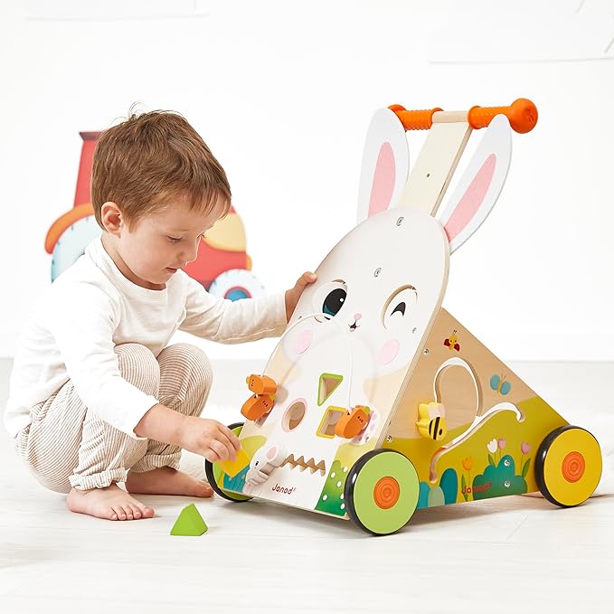 Janod - Farm Multi-Activity Trolley - Wooden Push Cart - 9 Activities - Patented Brake System and Silent Wheels - Developmental Toy for Children - From 12 Months - J03326