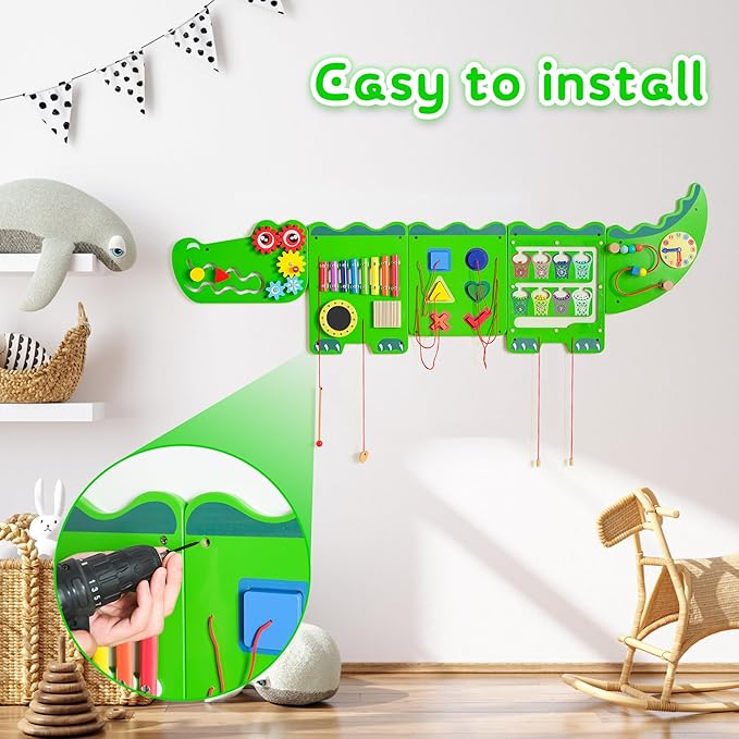 Spacocld Crocodile Sensory Toys Activity Wall Panels - Montessori Busy Board, Toddler Learning Panel, Wall-Mounted Playroom/Daycare Educational Toys, Interactive Wooden Gift for Kids 3-6, Green