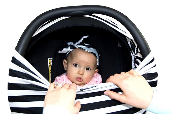 JLIKA Baby Car Seat Covers - Stretchy Infant Canopy and Nursing cover for breastfeeding newborns infants babies girls boys best shower gift maternity apron infinity scarf carseats (Black/White Stripe)
