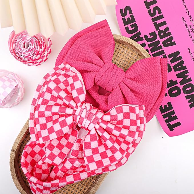YanJie 2PCS 7’’ Hot Pink Bows for Baby Girls Checkered Headband Double Layered Bow Infants Toddler Hair Accessories Newborn Headbands Baby Clothes