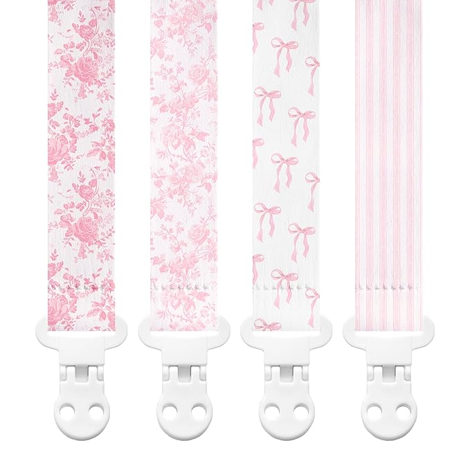 Stadela Baby Fabric Pacifier Clip Holder, Plastic Clip, 4‑Pack, Toile de Jouy Pattern, Giselle Set
