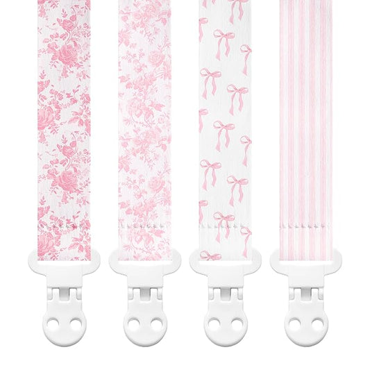 Stadela Baby Fabric Pacifier Clip Holder, Plastic Clip, 4‑Pack, Toile de Jouy Pattern, Giselle Set