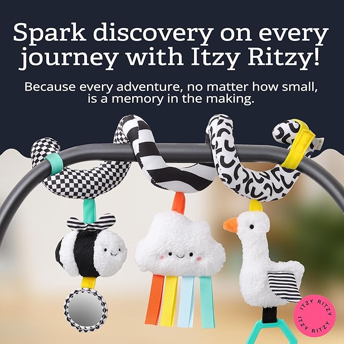 Itzy Ritzy Spiral Car Seat & Stroller Activity Toy - Stroller & Car Seat Toys for Ages 0 Months and Up - Hanging Toys Include Dangling Ring, Mirror and Textured Ribbons (High Contrast)