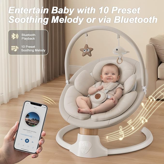 Baby Swings for Infants, FasonBaby Electric Baby Swing with Music Speaker, 5 Speeds, Remote Control and Bluetooth - Portable Infant Swing for Indoor and Outdoor (Beige)