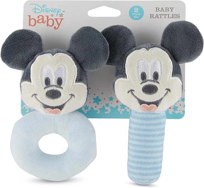 Disney Mickey Mouse Assorted Plush Lovie Rattle Set Pack of 2 - Soft and Cuddly Plush Material, Built-in Rattle for Sensory Stimulation,Vibrant Colors and Intricate Details