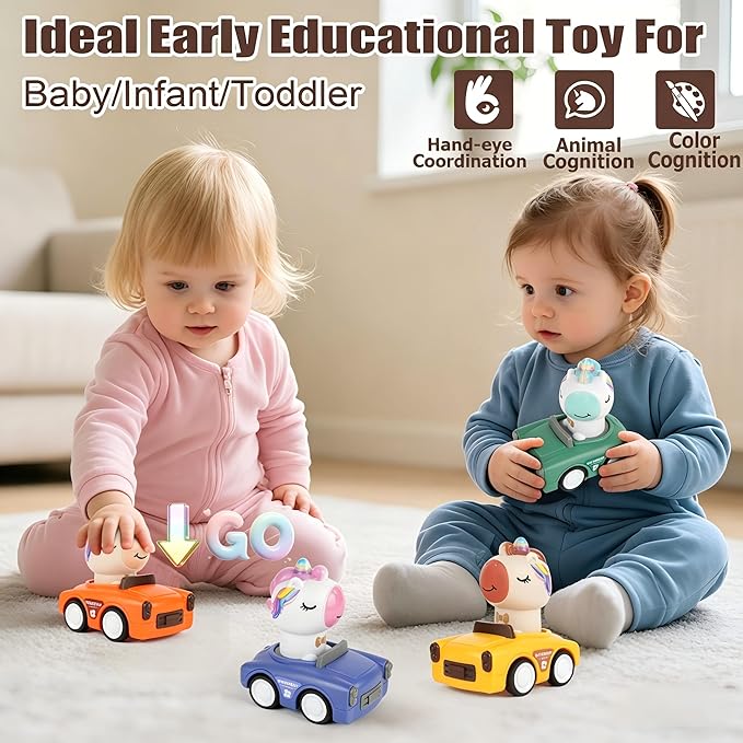 Press to Go Car Toys for Toddlers 1-3, Animal Baby Cars, Push Go Friction Inertia Car, Infant 6-9-12-18 Month, 1st Birthday Gift for 1-2 Year Old Boy Girl