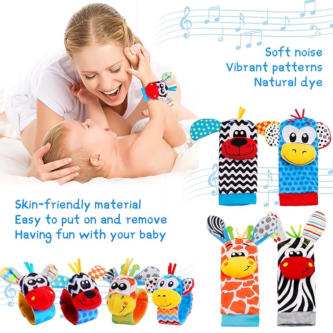 Baby Wrist Rattles and Sock Toys - Newborn 0-6 Months, 8PCS Soft Foot Finder Set, Hand and Feet Sensory Developmental Socks for Infants, Girl Boy Gifts