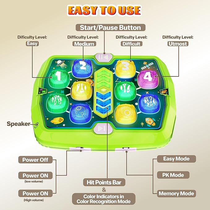 Whack Game Mole Toy for Toddler, Toys for 3 4 5 6+ Year Old Boys/Girls, Interactive Educational Pounding Toys with 2 Hammers, Music & Light, 3 Modes, Birthday Xmas Gifts for Boys Girls Kids Age 3-8