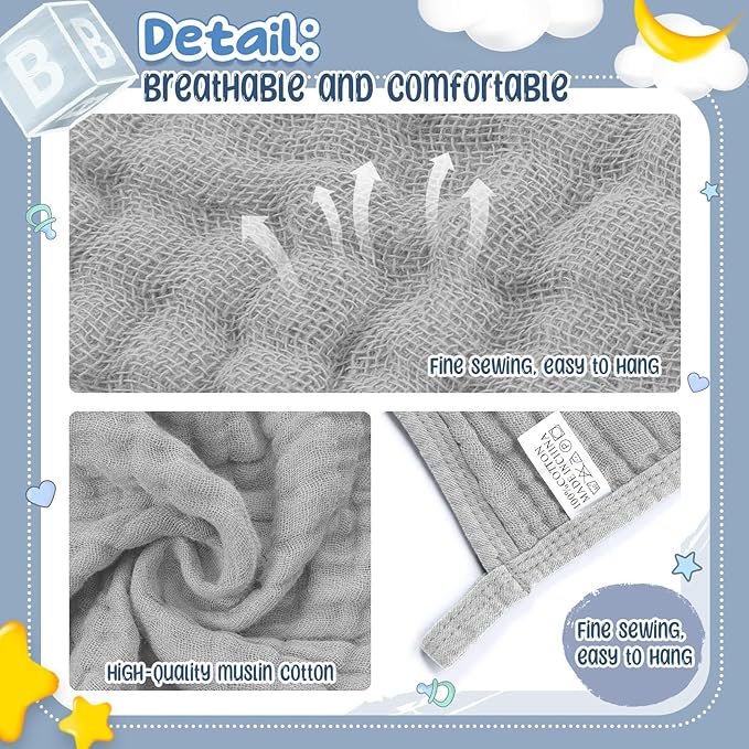 Breling 6 Pcs Muslin Hooded Baby Bath Towel, Hand Towels and Washcloth Set, 36"x 36" Cotton Newborn Bath Towel Cotton Absorbent Blanket Unisex Newborn Gift Essentials for Girl Boy (Blue,Grey)
