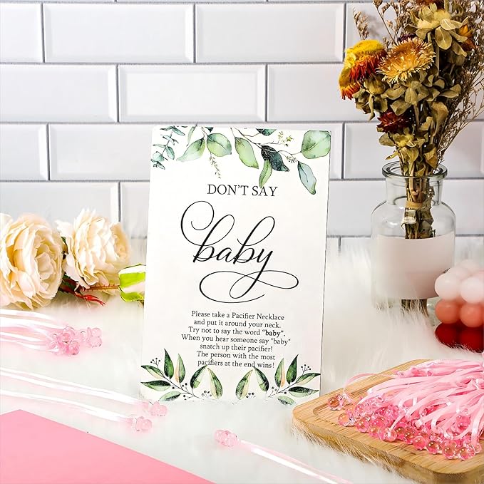 Geetery 51 Pcs Don't Say Baby Game Sign Greenery Cool Baby Shower Game 50 Pacifier Necklace Wooden Don't Say Sign Plastic Pacifier Party Favor for Gender Reveal(Greenery,Pink)
