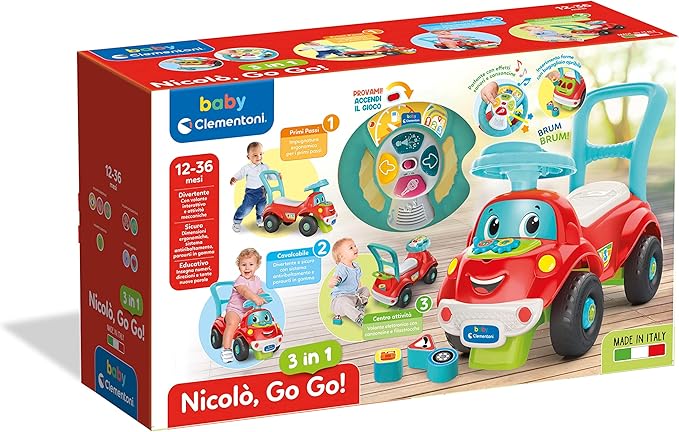 Clementoni - 17747 - Nicolò Go Go 3 in 1 - Ride-on Machine, Talking Educational Electronics, First Steps, Lights and Sounds, Children's Game 1 Year Old - Made in Italy