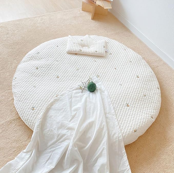 Baby Embroidered Play Mat, 33.5" Soft Cotton Crawling Rug, Detachable Washable Floor Mat for Kids Room, Gym & Nursery, White Olives