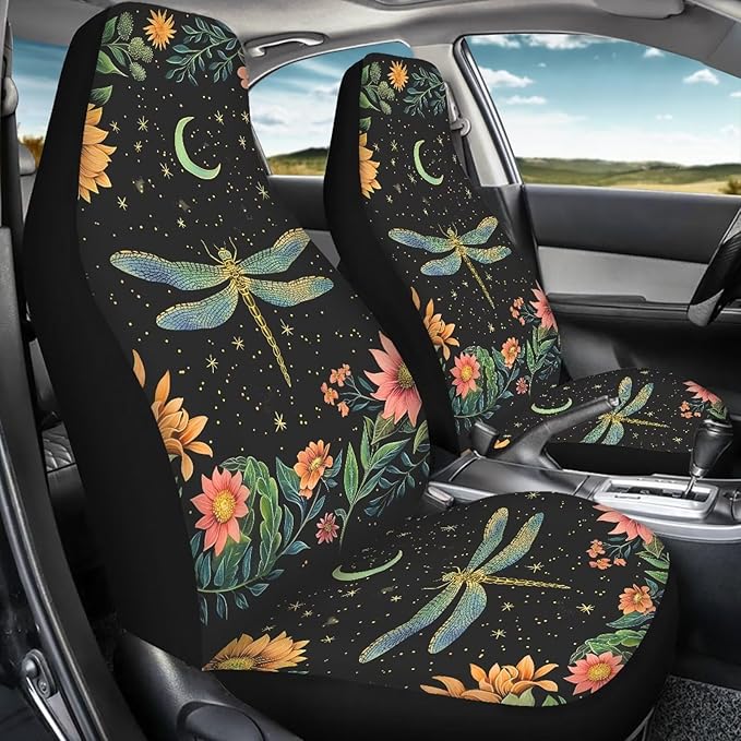 Dragonfly Car Seat Covers Elastic Fabrics Waterproof Car Seat Cover Easy to Install Auto Interior Accessories 2 Pcs Set for SUV, Vans,Sedan,Truck